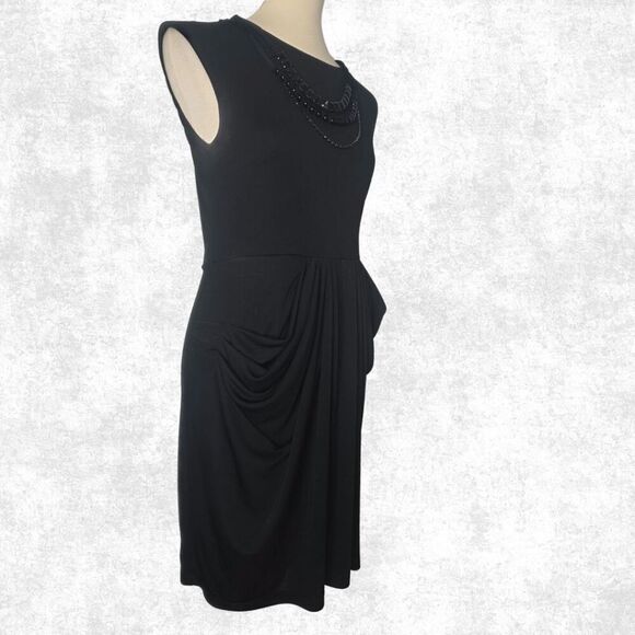 BCBGMAXAZRIA Black Draped Sheath Dress – M | Beaded Collar + Pockets | Luxe Glam - Picture 4 of 9